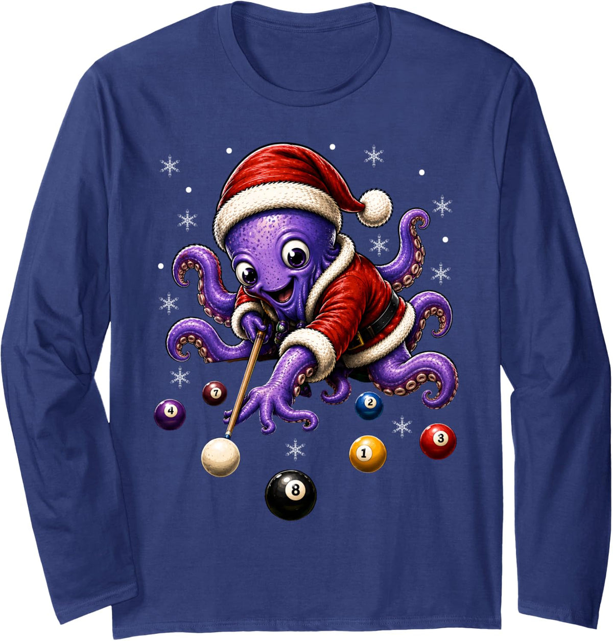 Festive Santa Octopus Playing Billiards Christmas Long Sleeve T-Shirt - Adult Unisex Navy Blue