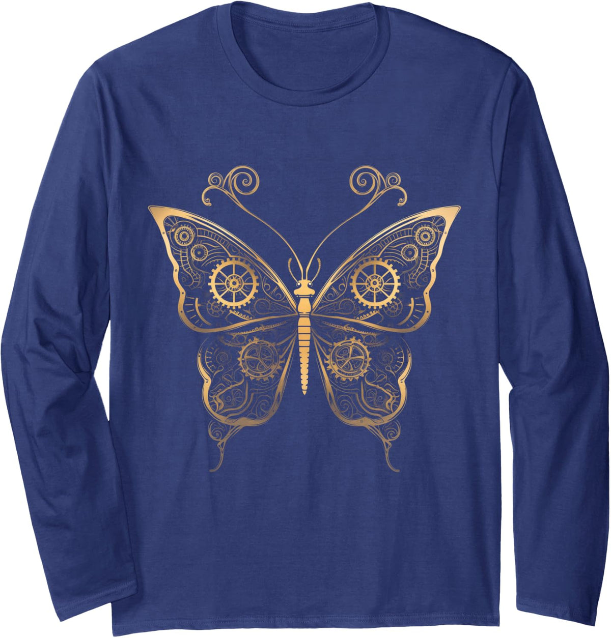 Butterfly Steampunk Gothic Art Goth Butterfly Long Sleeve T-Shirt - Adult Unisex Navy Blue