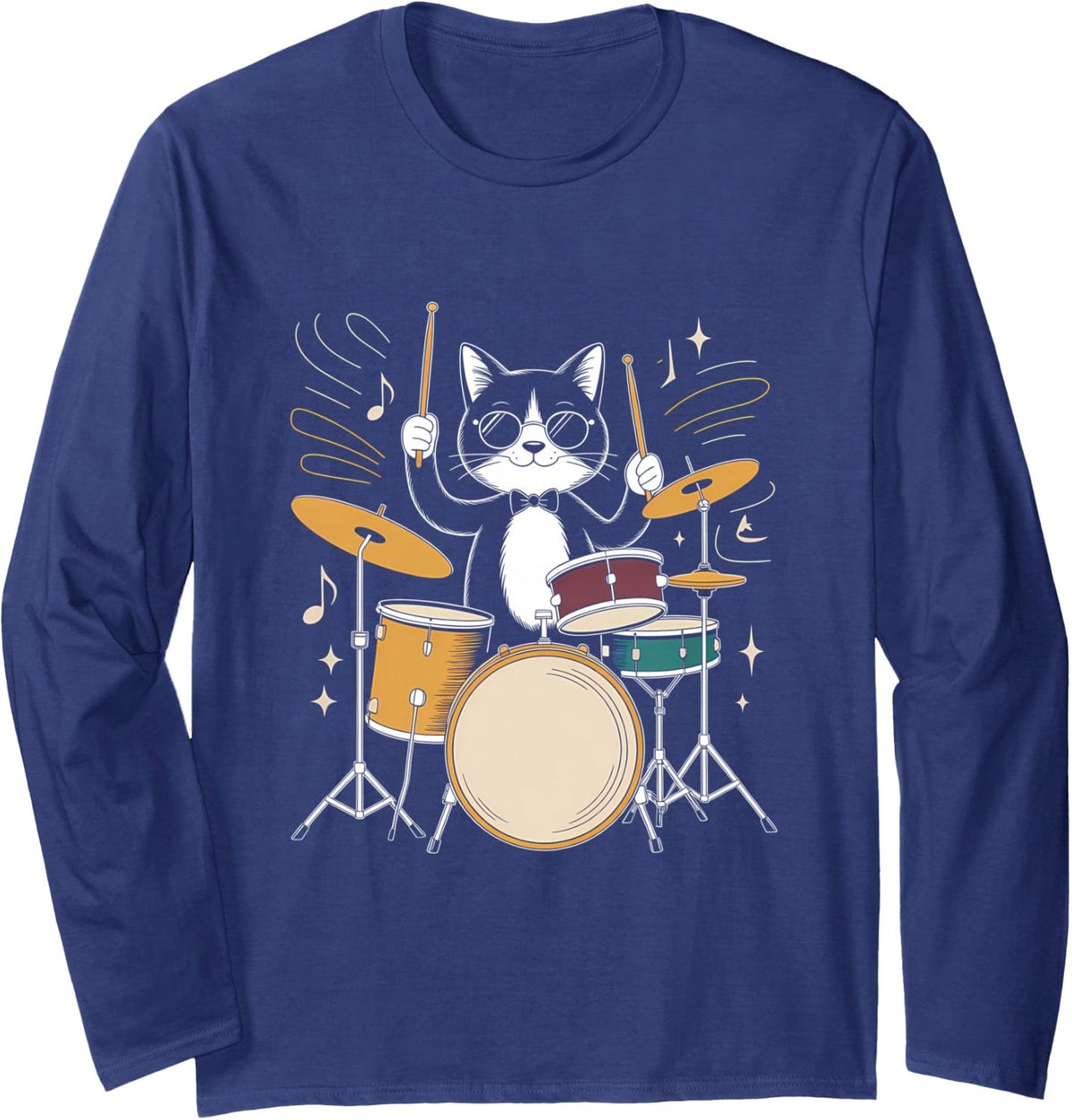 Sunglasses Cat Drummer Jazz Percussion Music Long Sleeve T-Shirt - Adult Unisex Navy Blue