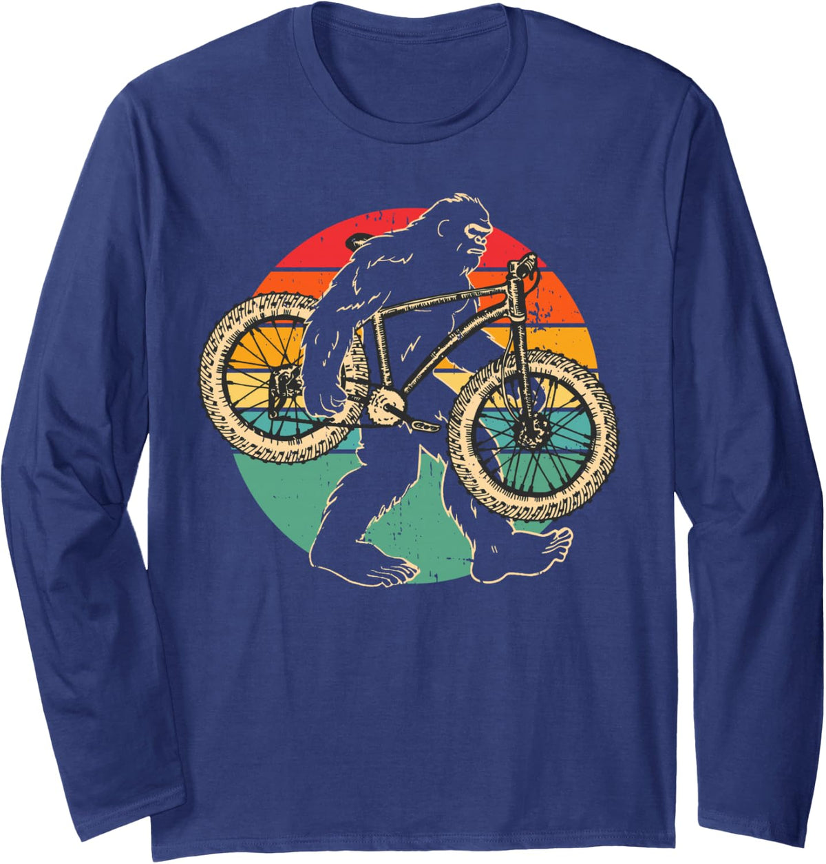 Vintage Bigfoot Mountain Bike MTB Biking Cycling Sasquatch Long Sleeve T-Shirt - Adult Unisex Navy Blue