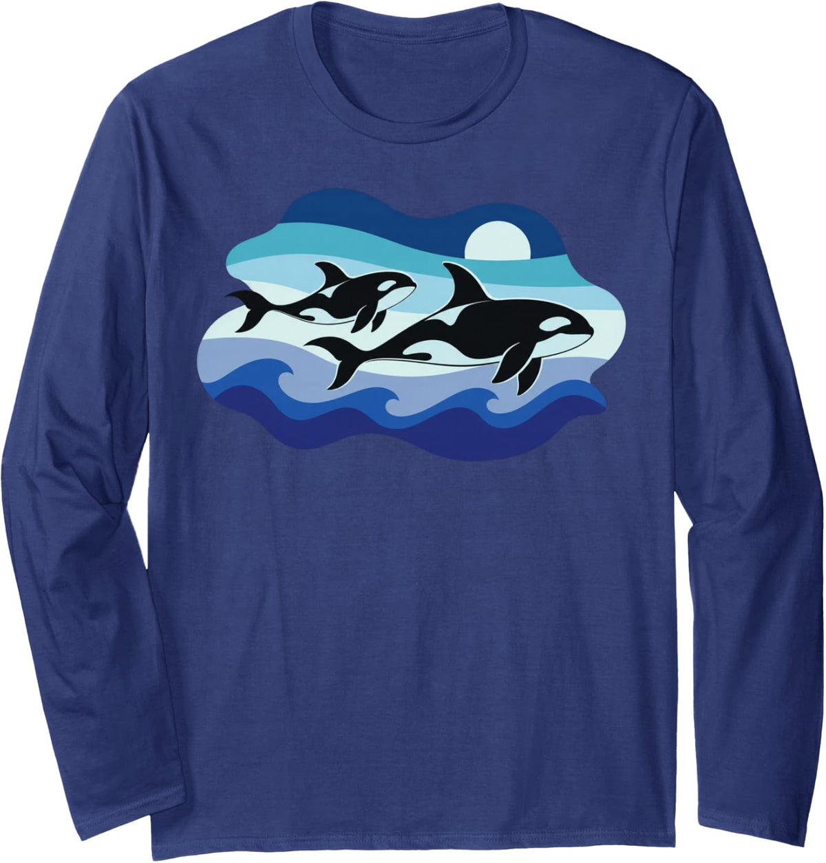 Retro Orca Killer Whale Ocean Surf Wave Long Sleeve T-Shirt - Adult Unisex Navy Blue