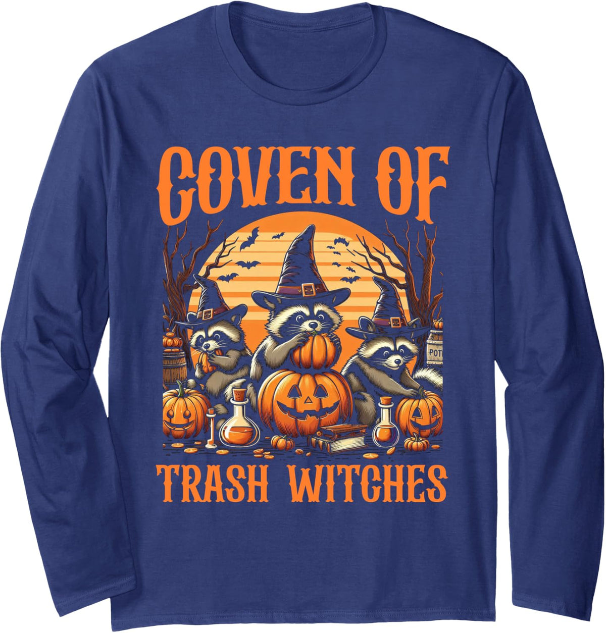 Raccoon Witch Halloween Pumpkin Trash Panda Trash Witches Long Sleeve T-Shirt - Adult Unisex Navy Blue