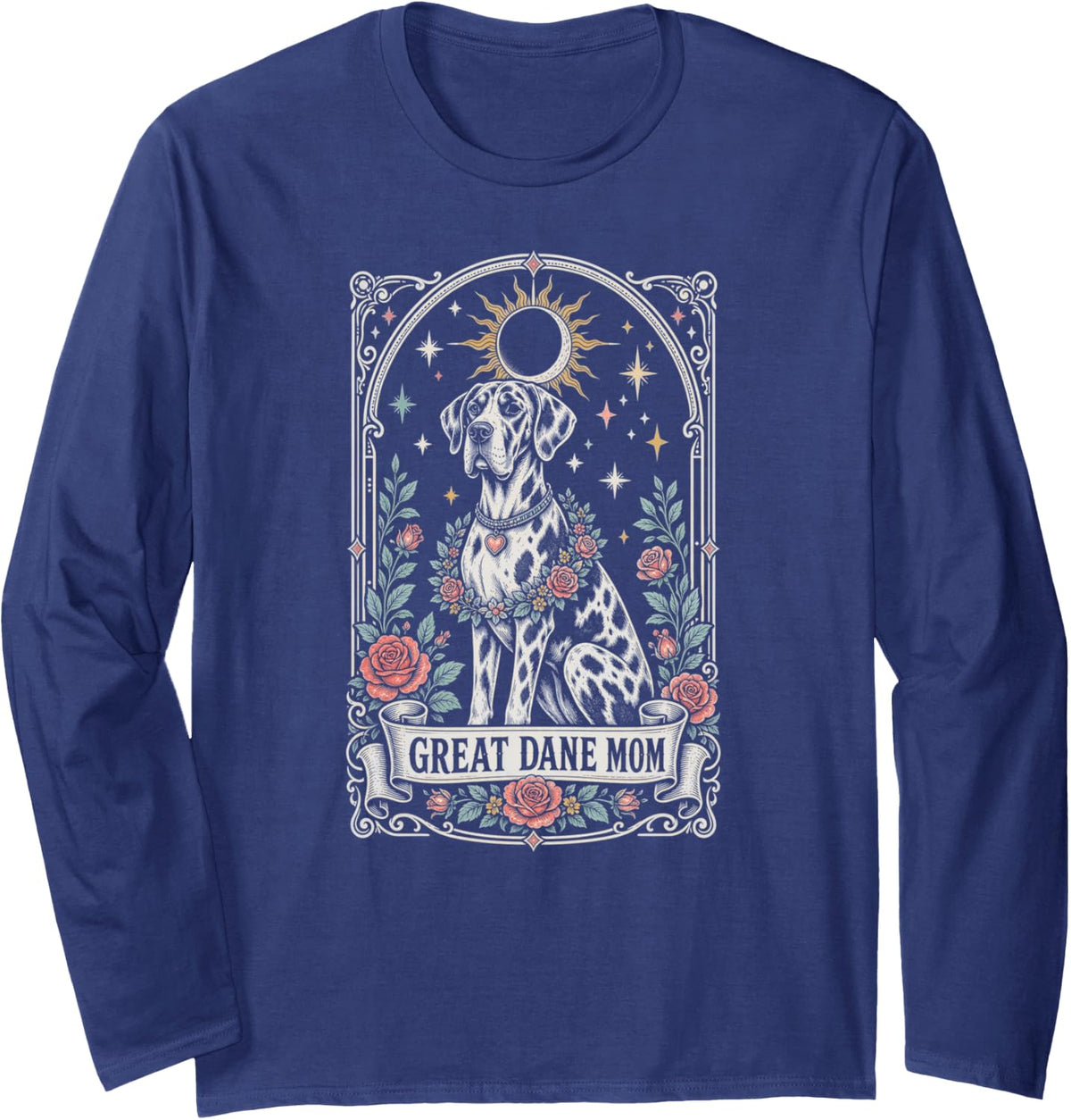 Great Dane Mom Tarot Card Celestial Dog Long Sleeve T-Shirt - Adult Unisex Navy Blue