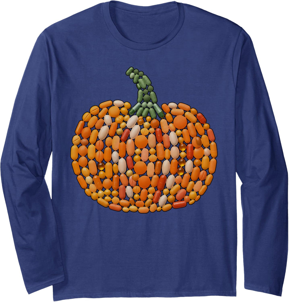 Pills Pumpkin Shape Fall Halloween Pharmacist Pharmacy Tech Long Sleeve T-Shirt - Adult Unisex Navy Blue