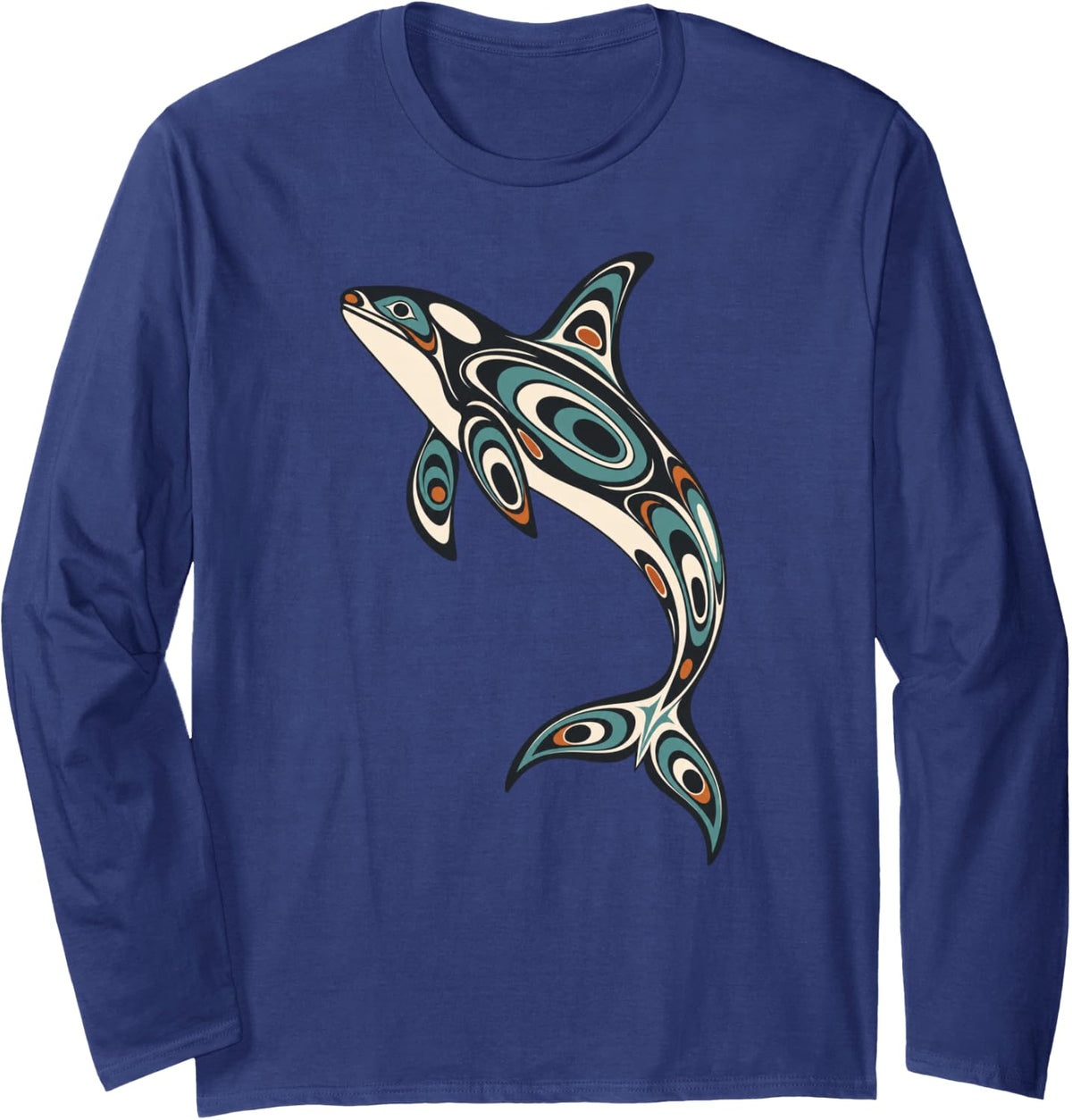 Orca Killer Whale Tribal Ocean Art Long Sleeve T-Shirt - Adult Unisex Navy Blue