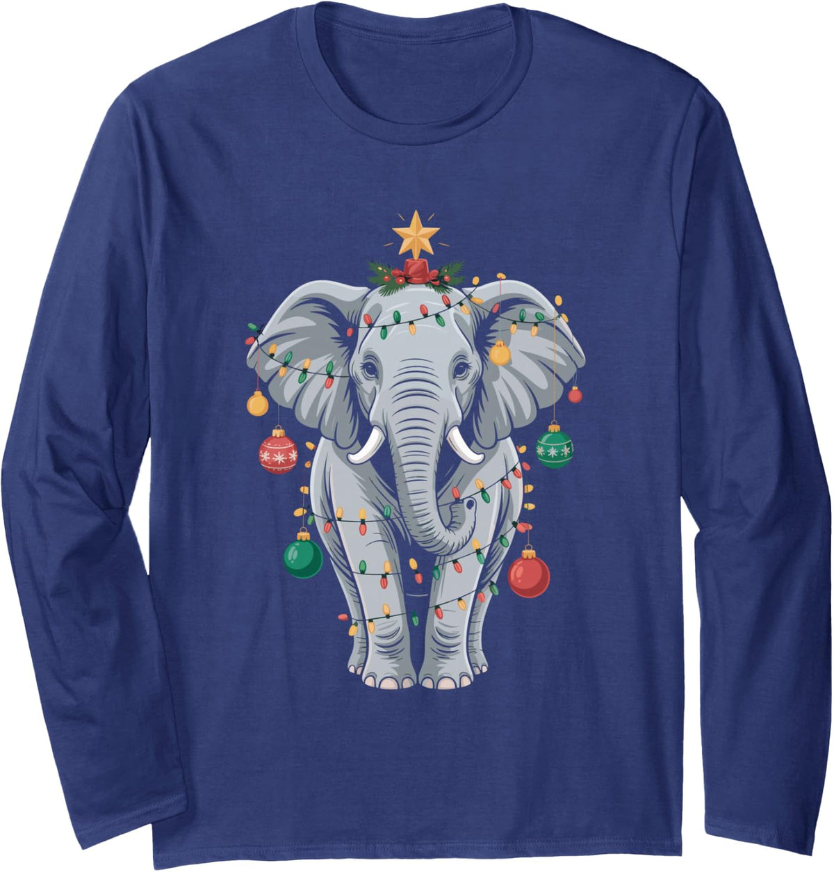 Elephant Christmas Tree Cute Holiday Lights Long Sleeve T-Shirt - Adult Unisex Navy Blue
