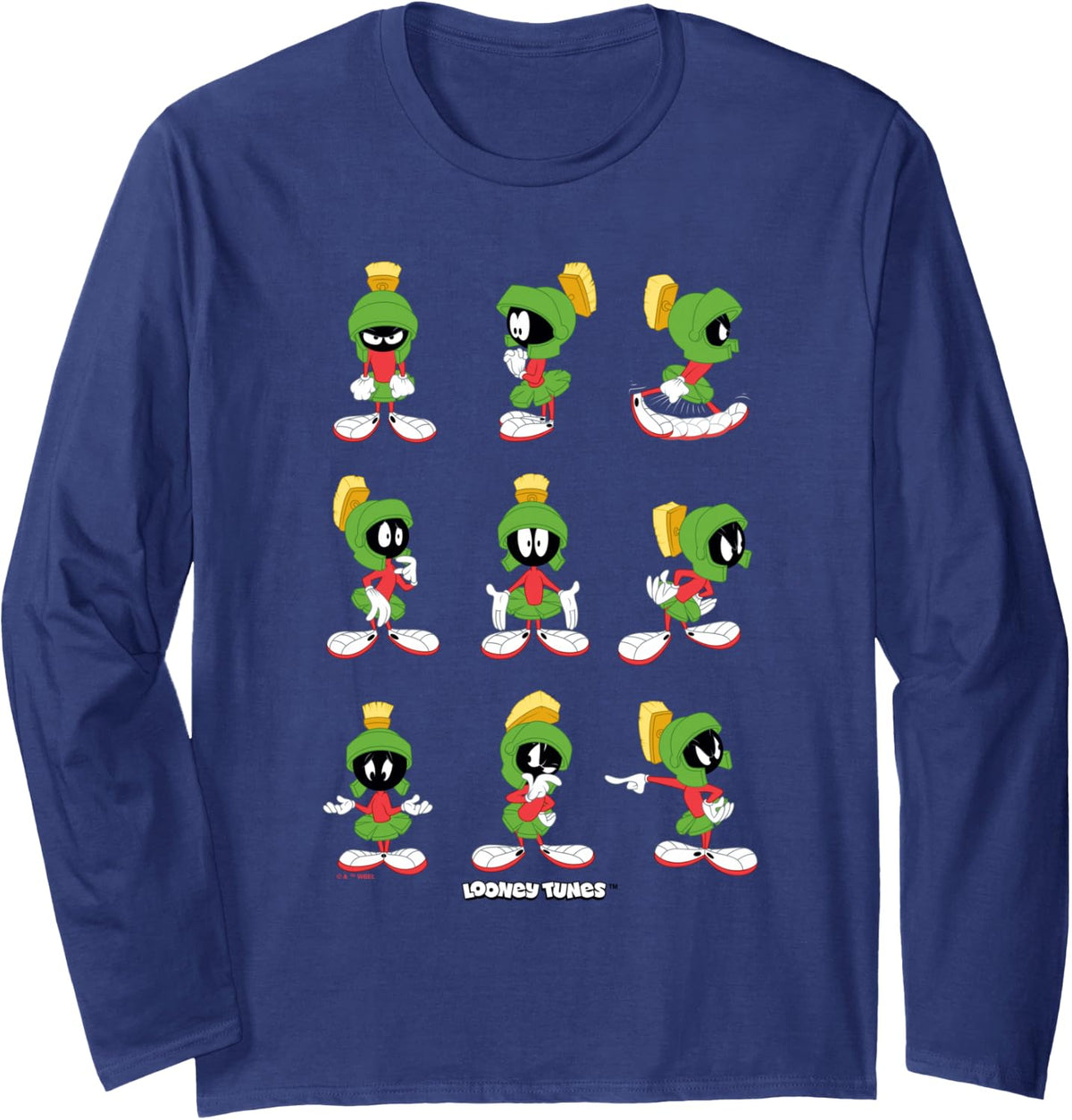 Looney Tunes Marvin the Martian Character Poses Long Sleeve T-Shirt - Adult Unisex Navy Blue