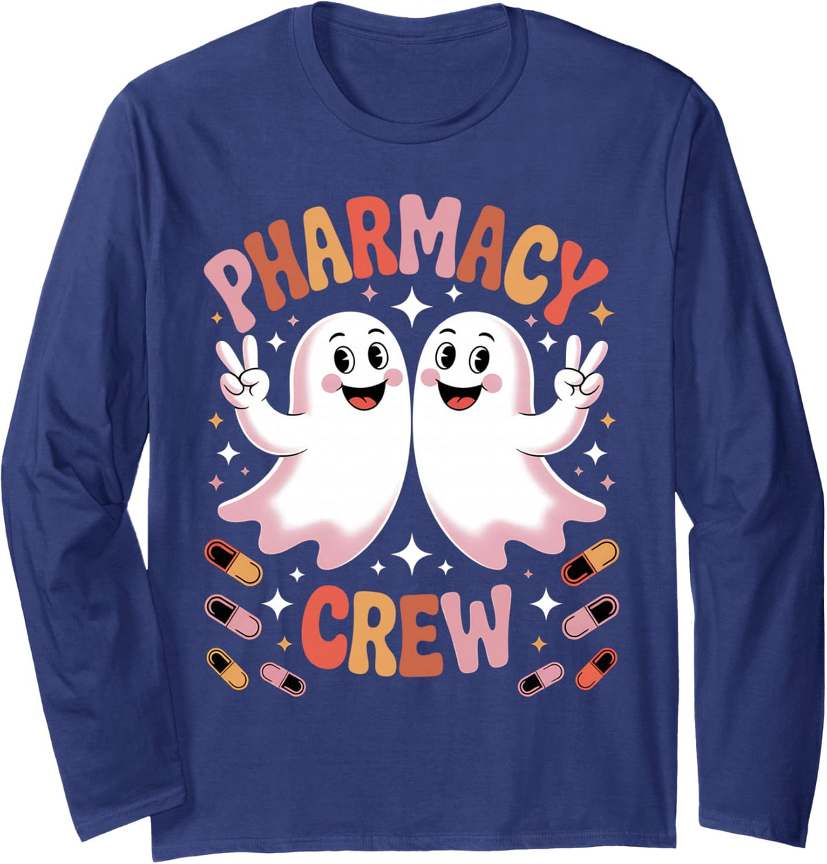 Pharmacist Halloween Pharmacy Shirts Spooky Pharmacy Crew Long Sleeve T-Shirt - Adult Unisex Navy Blue