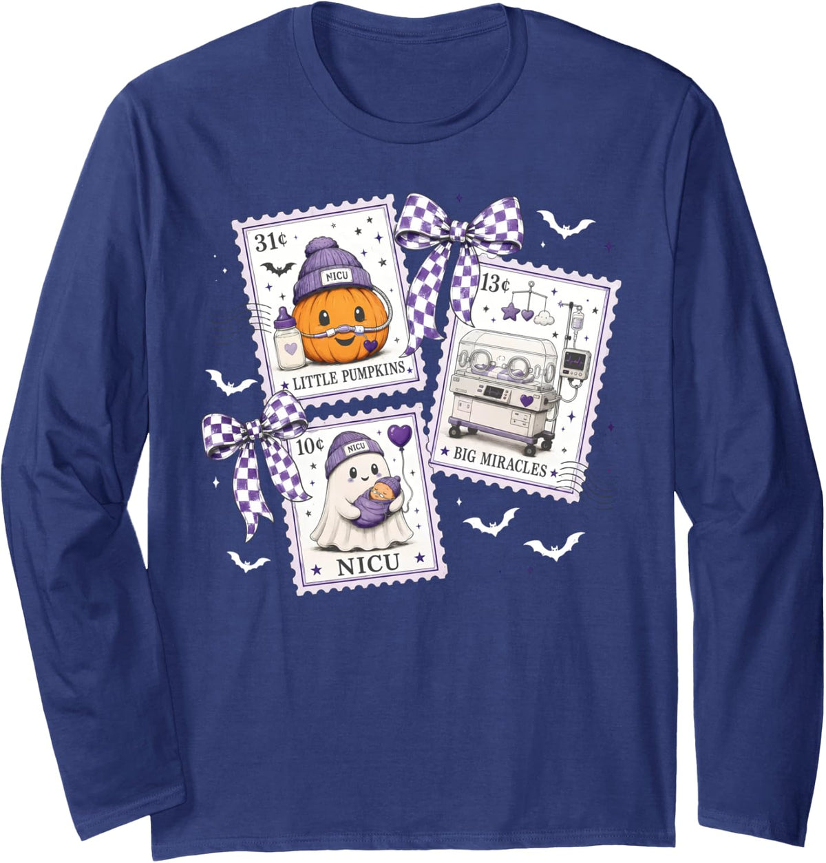 Stamp Cute Ghost Pumpkin NICU Nurse Neonatal ICU Halloween Long Sleeve T-Shirt - Adult Unisex Navy Blue