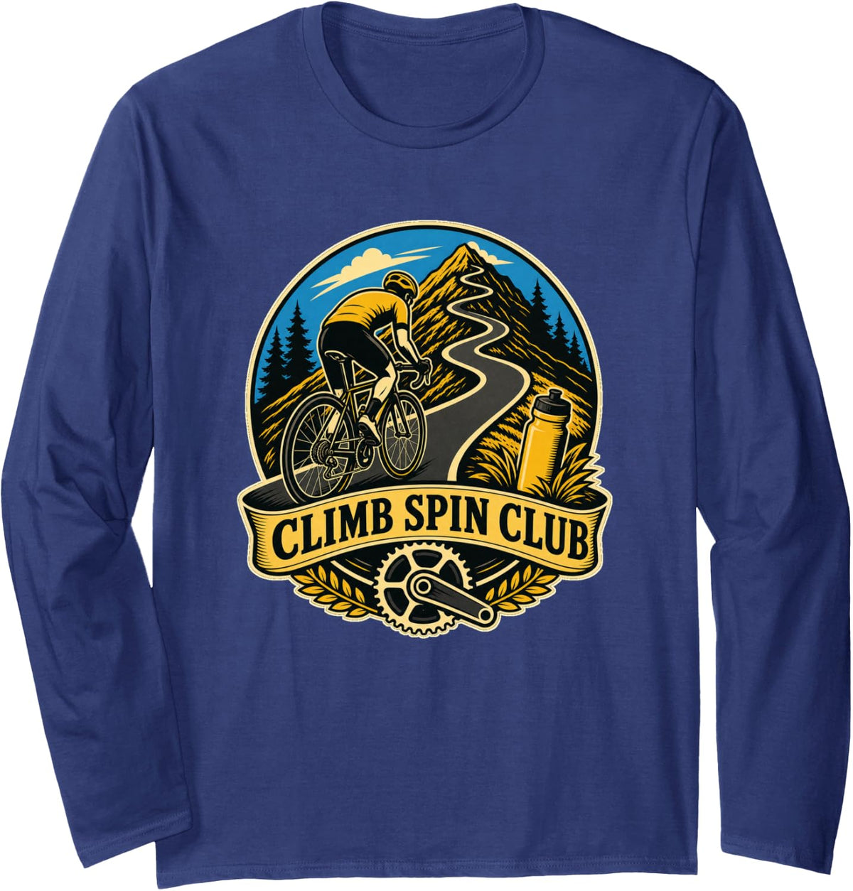 Climb Spin Club Road Cycling Long Sleeve T-Shirt - Adult Unisex Navy Blue