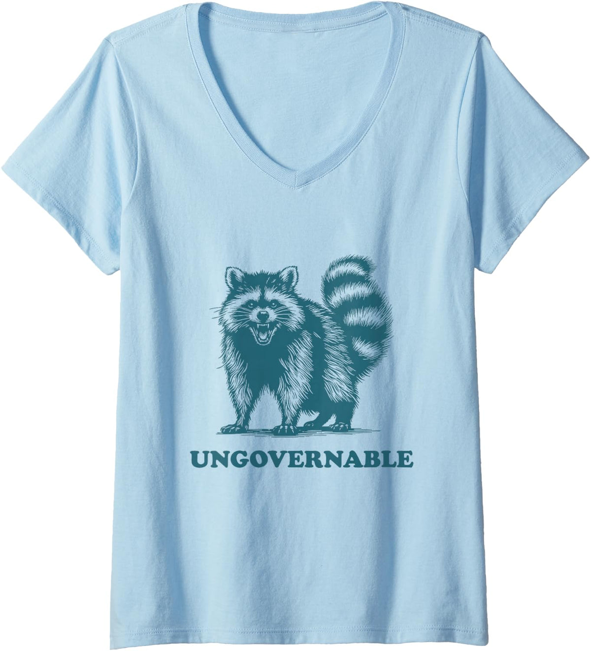 Women's Ungovernable Funny Racoon Meme Vintage Angry Raccoon V-Neck T-Shirt - Baby Blue
