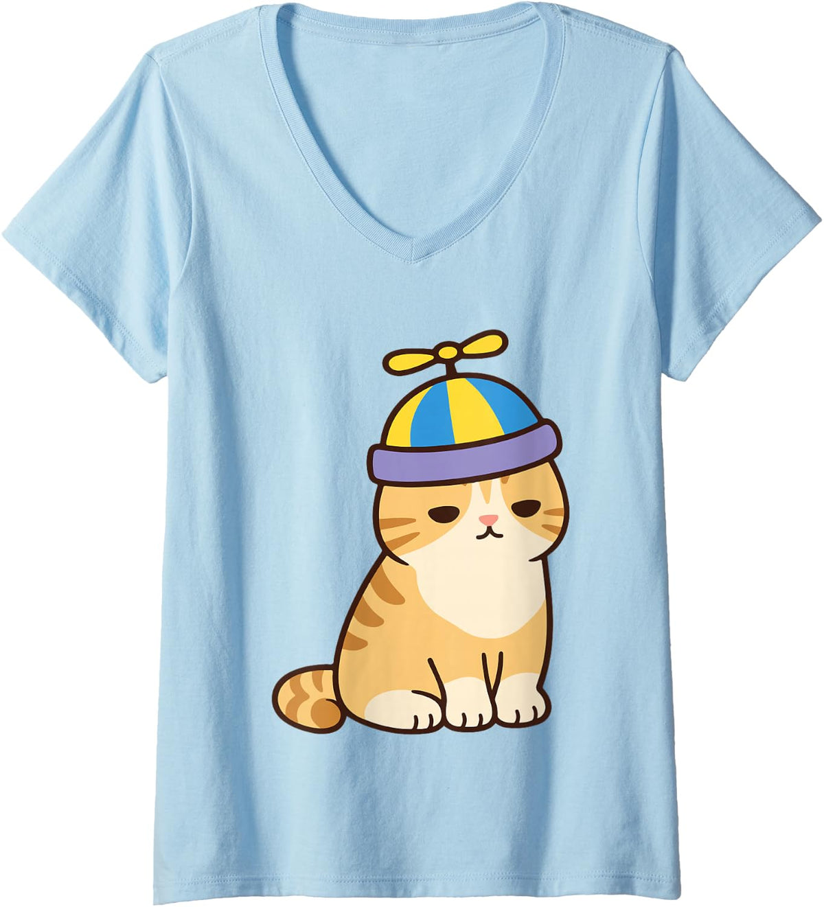 Women's Propeller Hat Cat - Ginger Tabby Cartoon V-Neck T-Shirt - Baby Blue