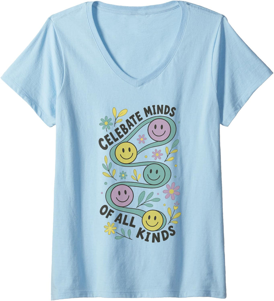 Women's Celebrate Minds of All Kinds Neurodiversity Flowers V-Neck T-Shirt - Baby Blue