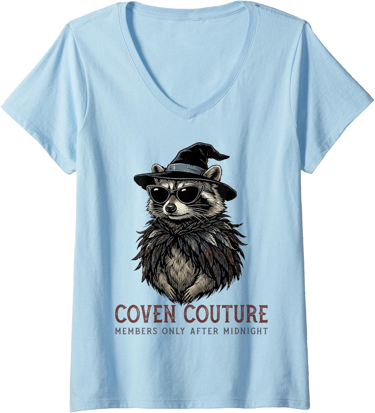 Women's Raccoon Trash Panda Witch Hat Sunglasses Feather Shawl V-Neck T-Shirt - Baby Blue