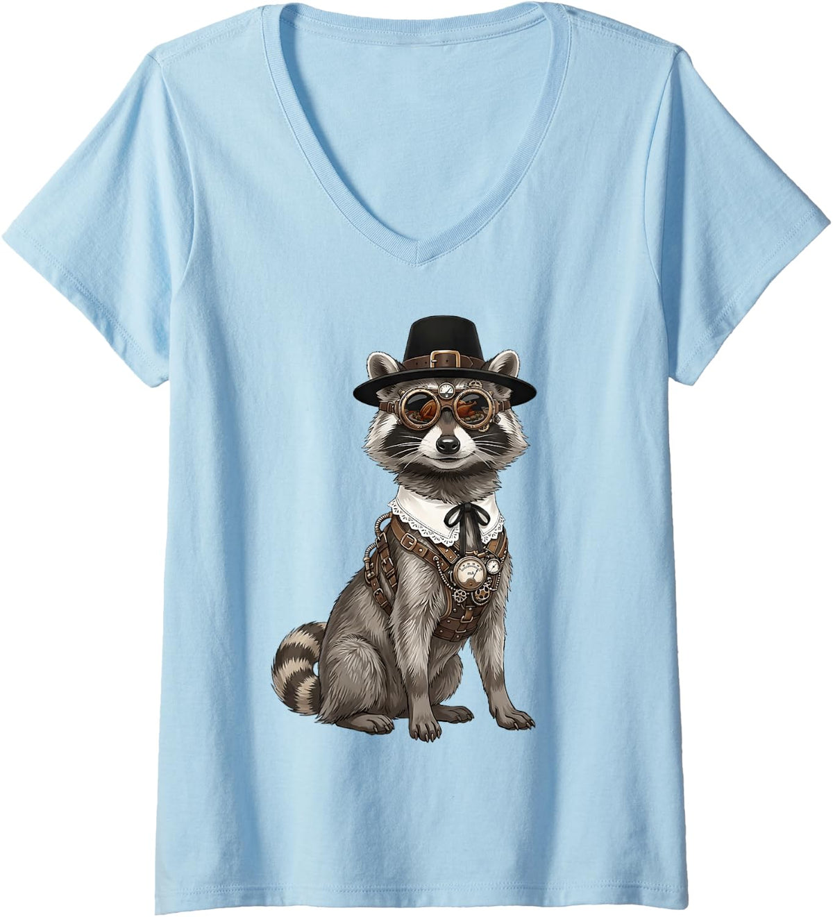 Women's Raccoon Trash Panda Vintage Retro Turkey Day Dinner Fall V-Neck T-Shirt - Baby Blue