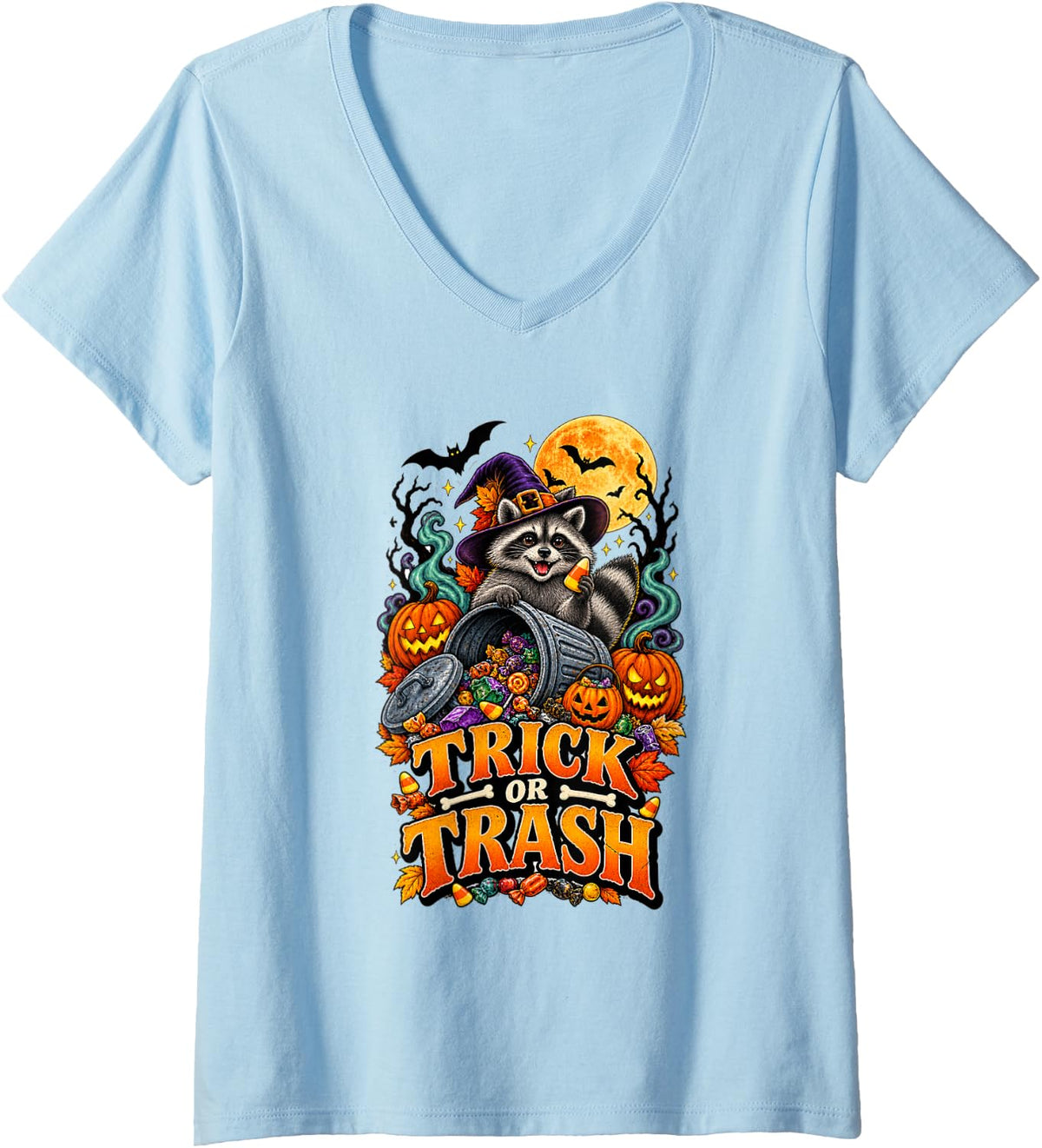 Women's Trick or Trash Funny Raccoon Halloween Witch V-Neck T-Shirt - Baby Blue
