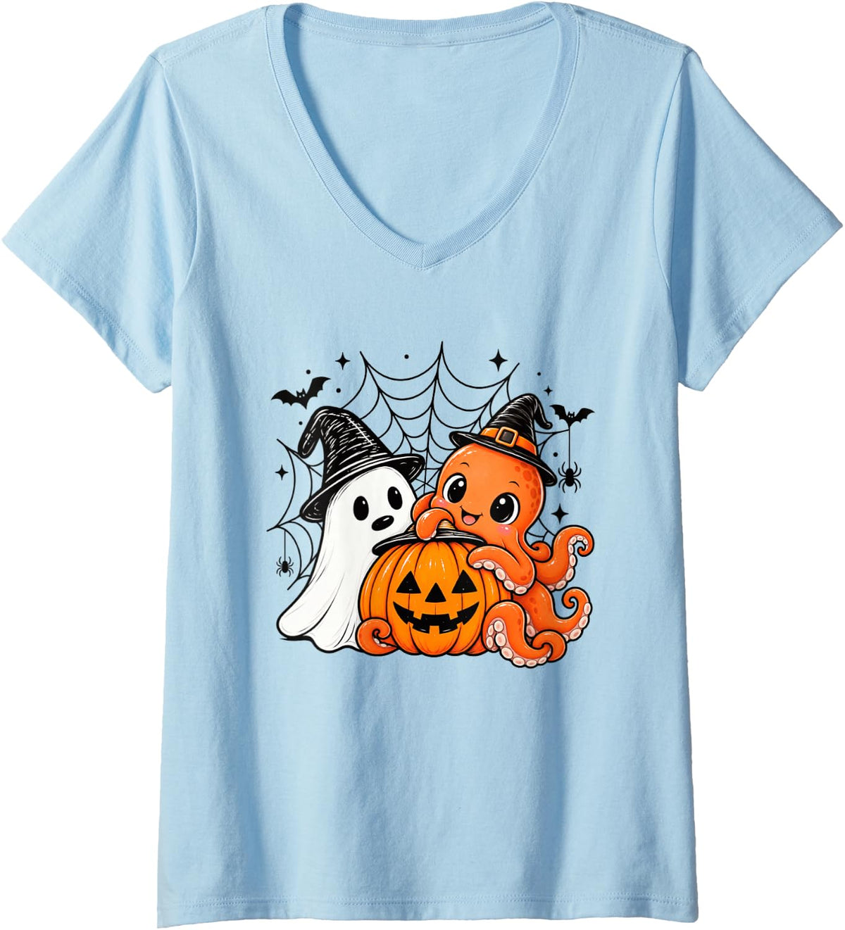 Women's Octopus Halloween Ghost Pumpkin Cute Spooky Costume V-Neck T-Shirt - Baby Blue