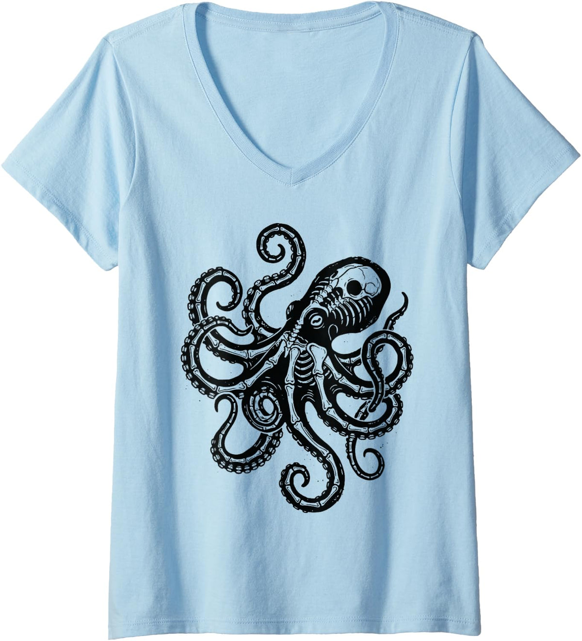 Women's Octopus Skeleton Animal X-Ray Funny Kraken V-Neck T-Shirt - Baby Blue