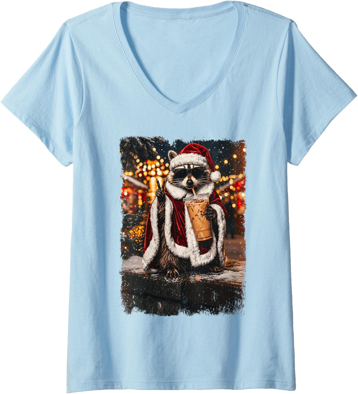Women's Cool Christmas Santa Raccoon Sunglasses Iced Coffee Lover V-Neck T-Shirt - Baby Blue