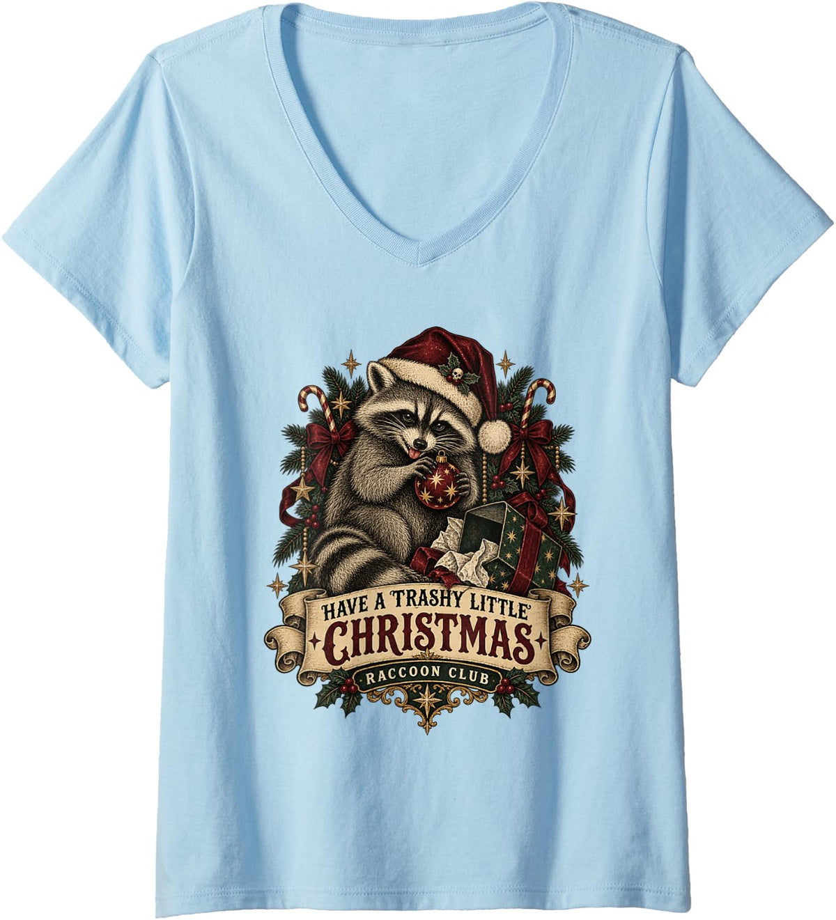 Women's Have A Trashy Little Christmas Raccoon Funny Xmas V-Neck T-Shirt - Baby Blue
