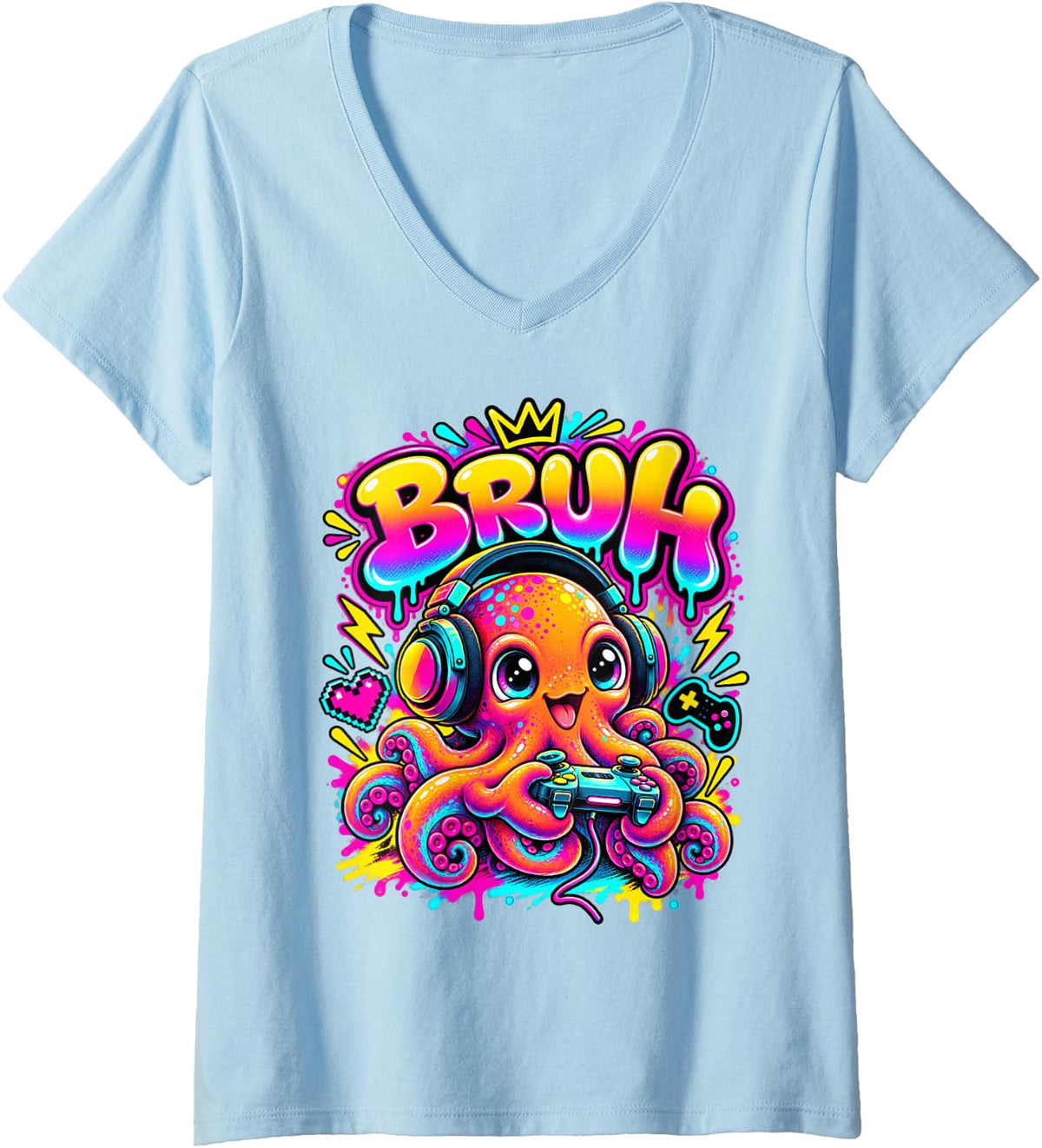 Women's Bruh Octopus Funny Video Games Boys Animal Lover V-Neck T-Shirt - Baby Blue