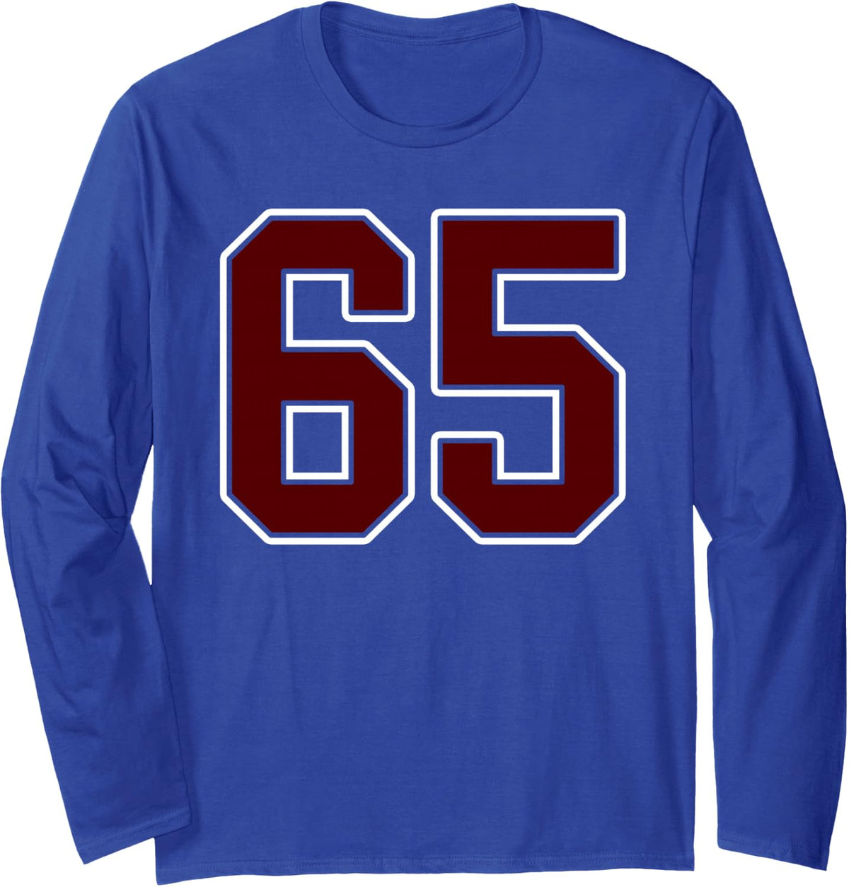 Maroon and White Number 65 Jersey Player Uniform #65 Fan Long Sleeve T-Shirt - Adult Unisex Royal Blue