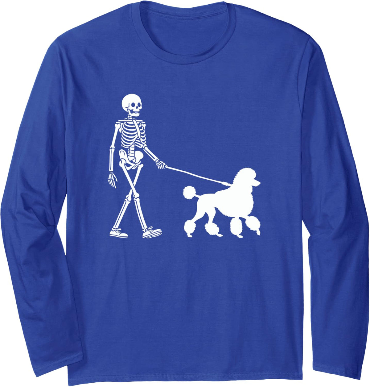 Skeleton Walking a Dog Poodle Halloween Outfit Long Sleeve T-Shirt - Adult Unisex Royal Blue