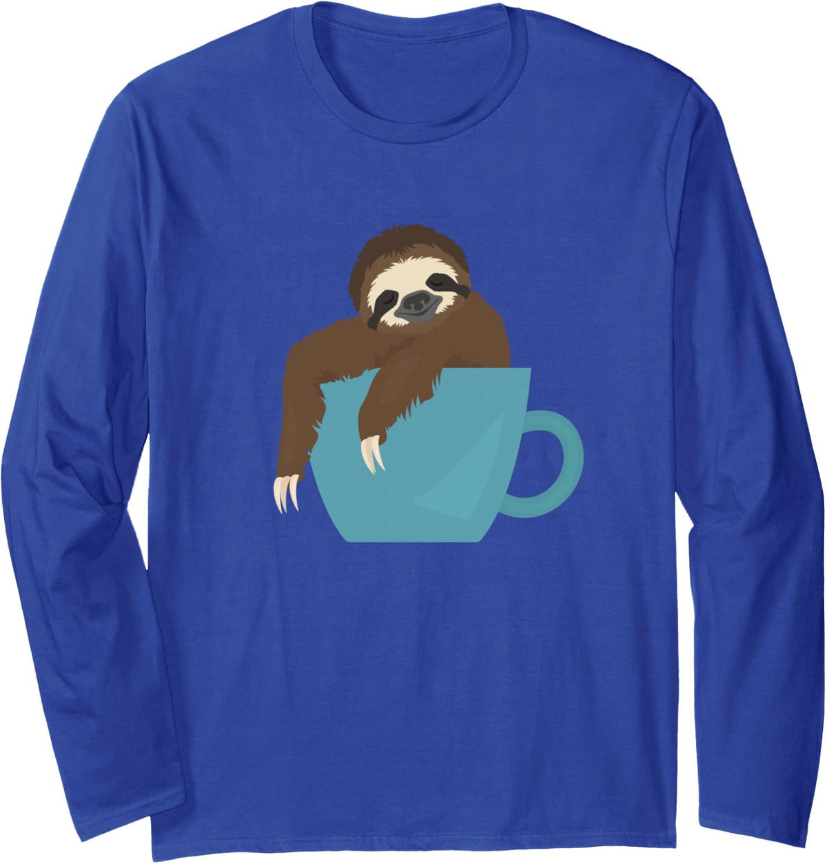 Cute Sloth Coffee Cup Funny Espresso Caffeine Lover Graphic Long Sleeve T-Shirt - Adult Unisex Royal Blue