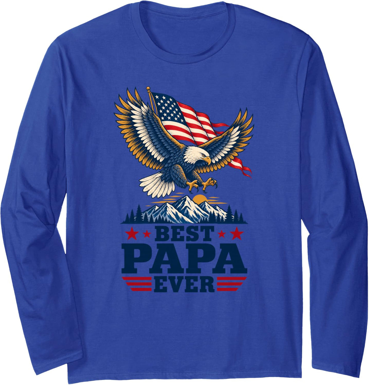 Best Papa Ever Patriotic Bald Eagle American Flag Long Sleeve T-Shirt - Adult Unisex Royal Blue