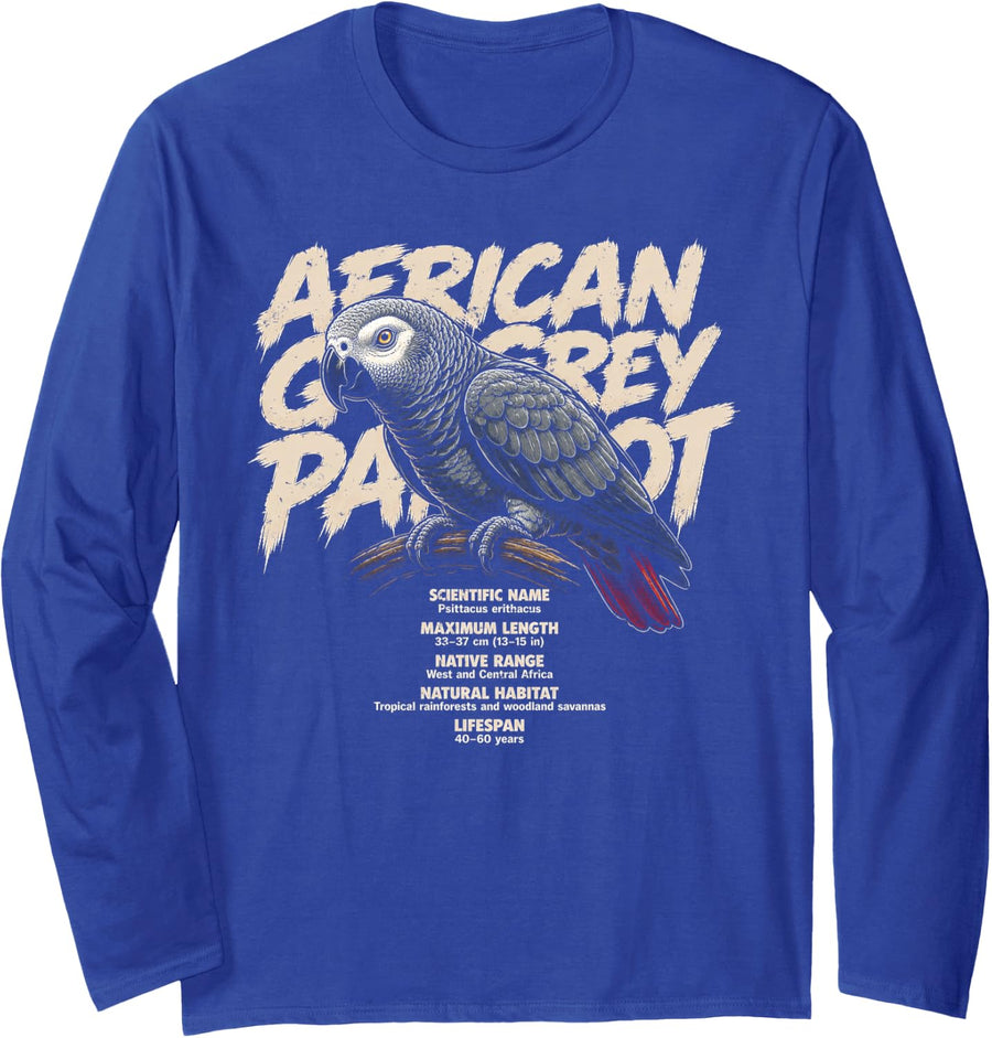 African Grey Parrot Facts Bird Lover Graphic Pet Long Sleeve T-Shirt - Adult Unisex Royal Blue