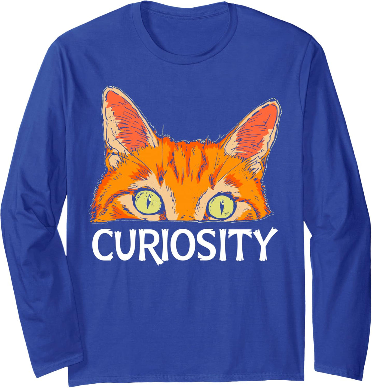 Curiosity Cat Peeking Orange Tabby Eyes Graphic Tee Long Sleeve T-Shirt - Adult Unisex Royal Blue