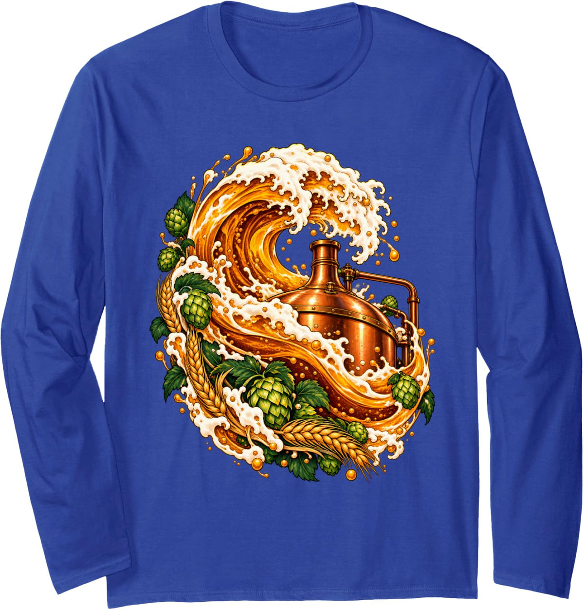 Home Brewing Beer Wave Hops and Copper Brew Kettle Long Sleeve T-Shirt - Adult Unisex Royal Blue
