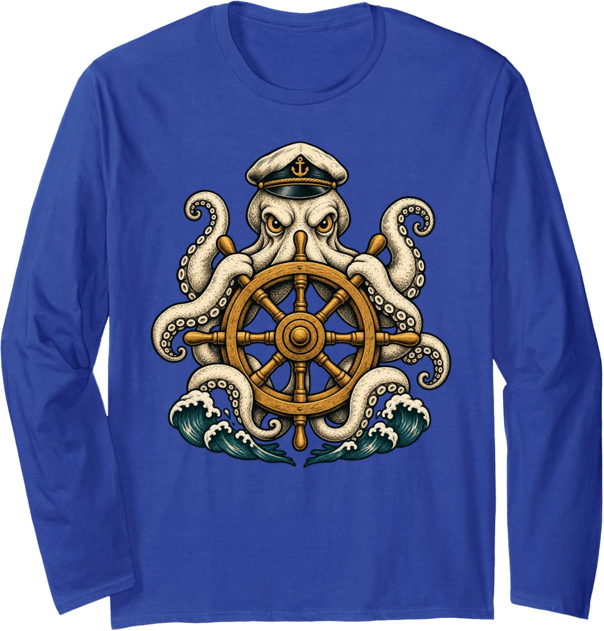 Vintage Octopus Captain Nautical Sailing Long Sleeve T-Shirt - Adult Unisex Royal Blue