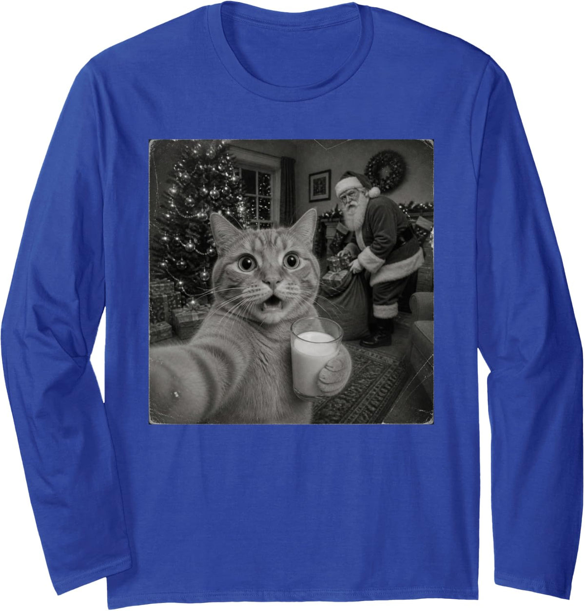 Funny Christmas Ginger Cat Long Sleeve T-Shirt - Adult Unisex Royal Blue