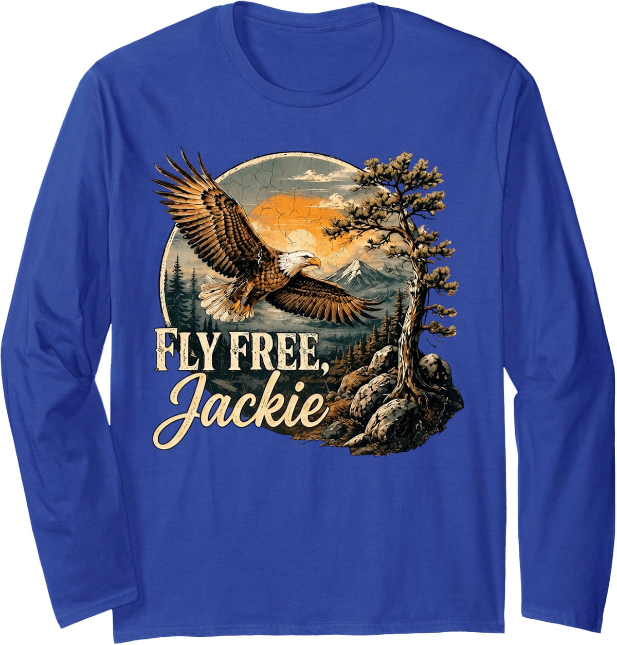 Vintage Jackie Bald Eagle, Fly Free Jackie Long Sleeve T-Shirt - Adult Unisex Royal Blue