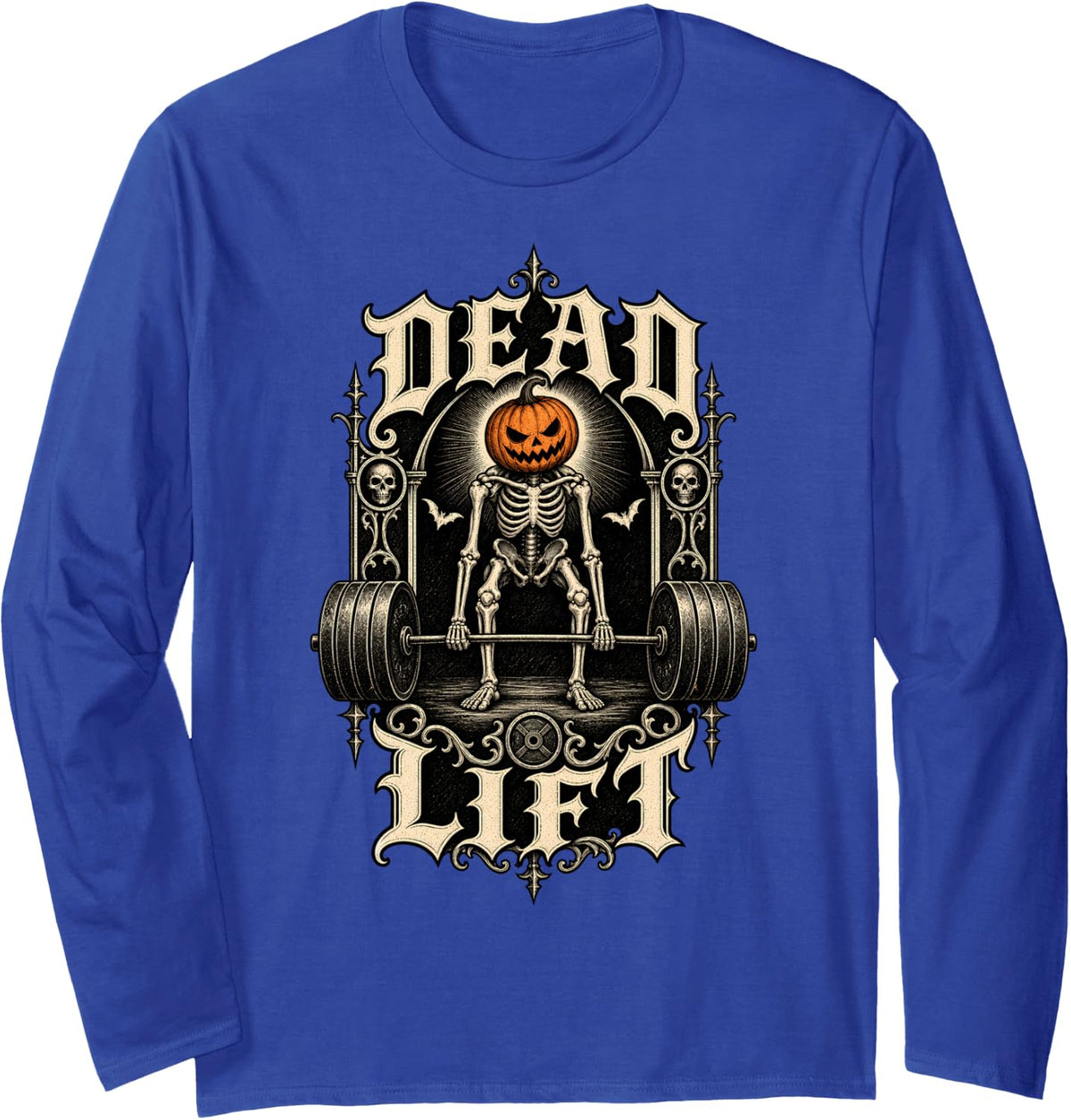 Deadlift Jack O Lantern Skeleton Weight Lifting Workout Long Sleeve T-Shirt - Adult Unisex Royal Blue