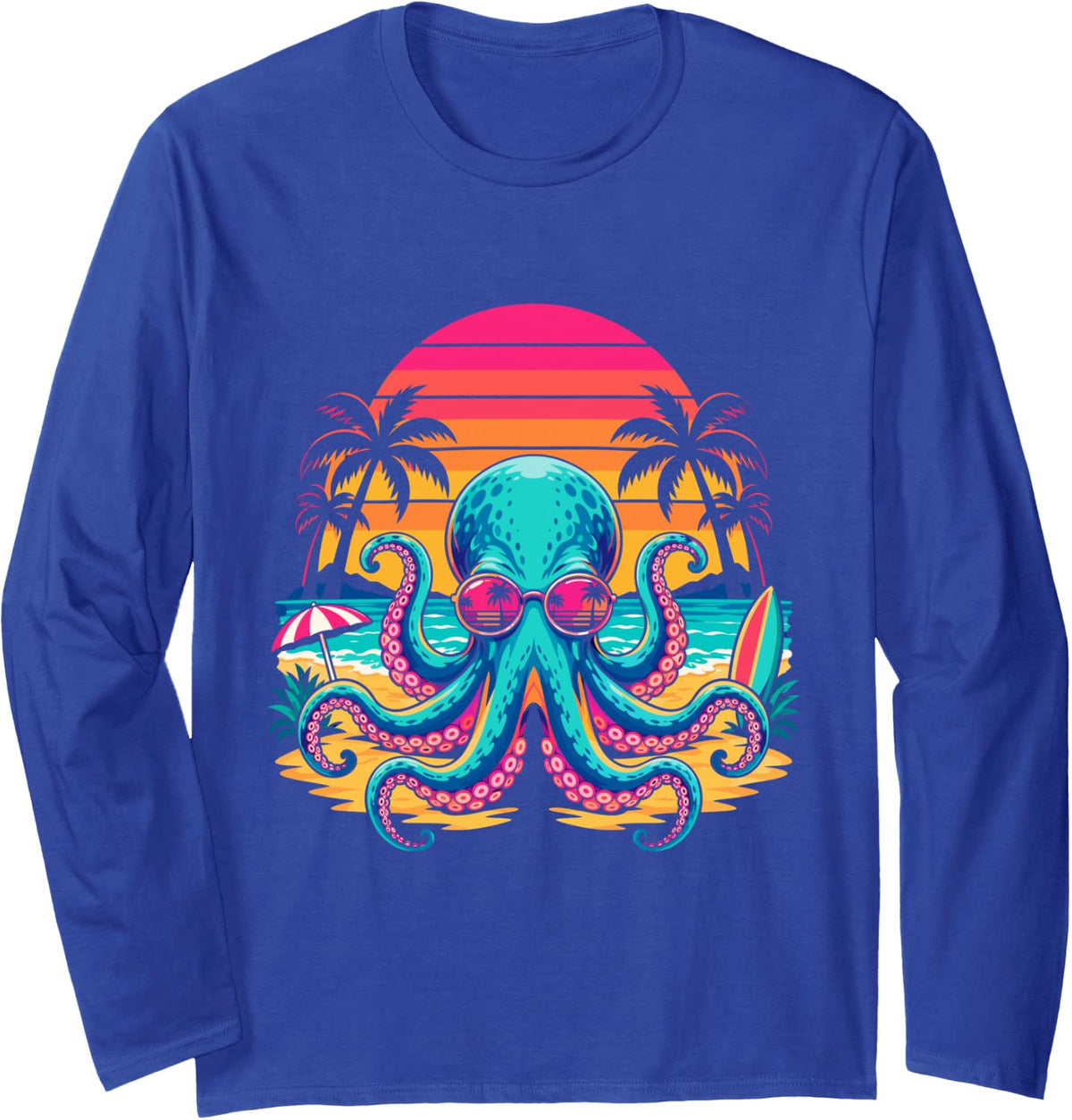 Synthwave Beach Sunglasses - Octopus Long Sleeve T-Shirt - Adult Unisex Royal Blue