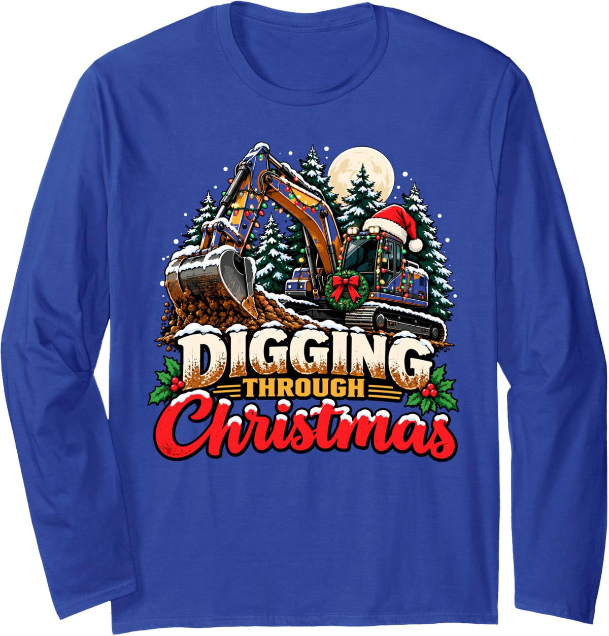 Christmas Excavator Construction Winter Long Sleeve T-Shirt - Adult Unisex Royal Blue
