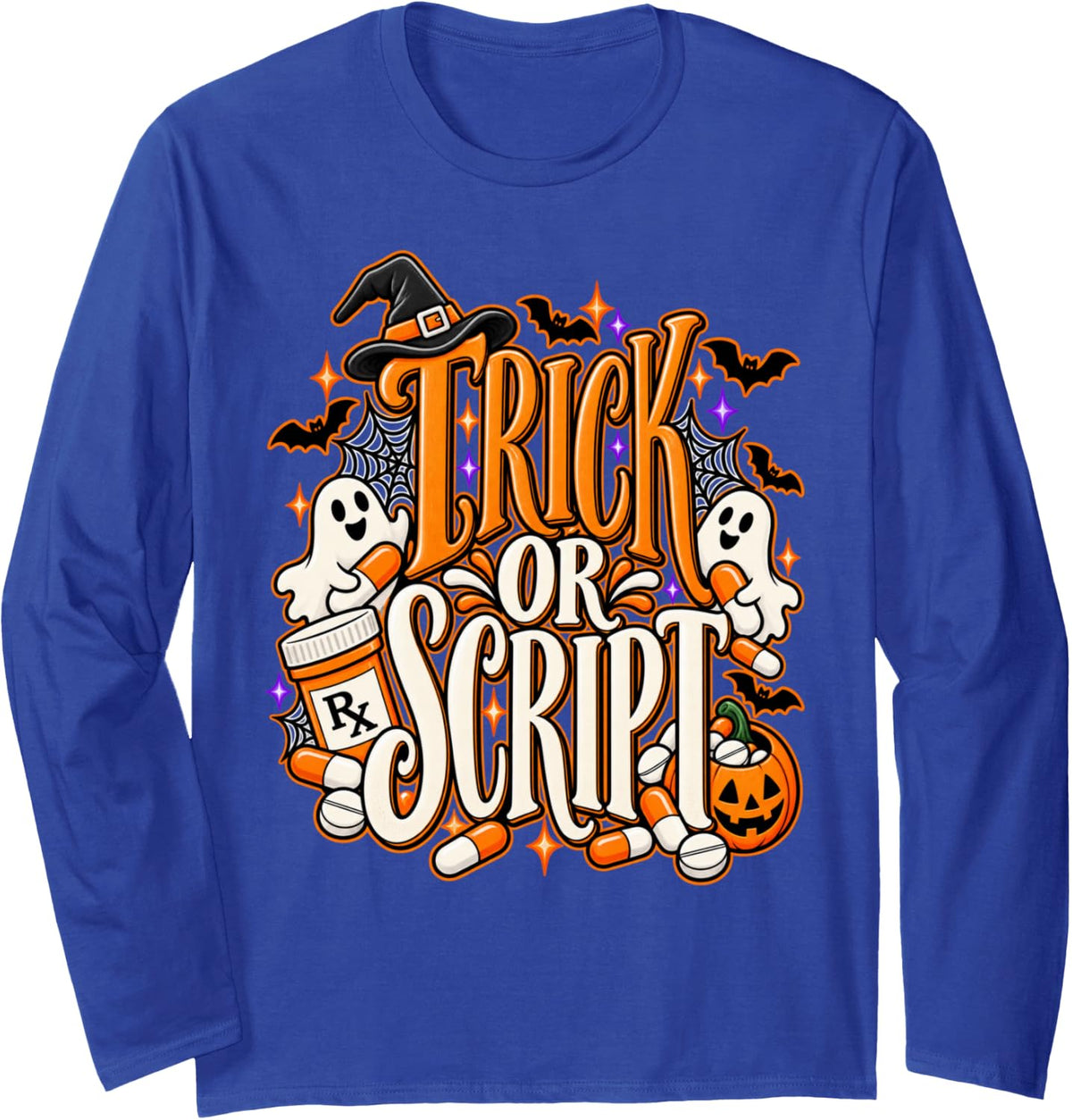 Pharmacy Tech Halloween Shirt Trick Or Script Pharmacist Long Sleeve T-Shirt - Adult Unisex Royal Blue