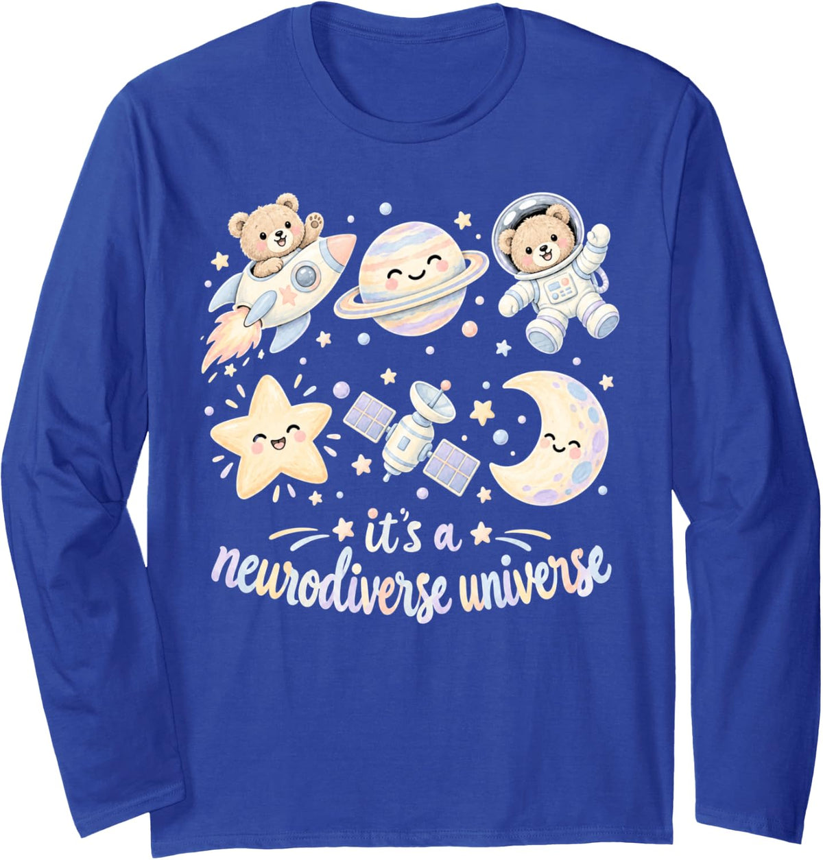 Neurodiversity Awareness Astronaut Bear Galaxy and Planets Long Sleeve T-Shirt - Adult Unisex Royal Blue