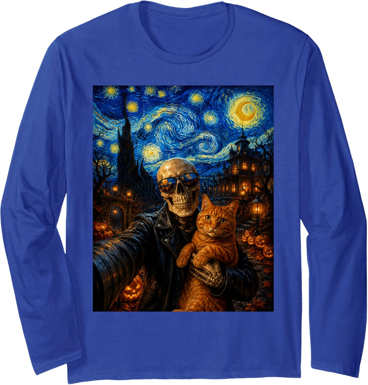 Halloween Skeleton Hugs Ginger Cat Van Gogh Starry Night Long Sleeve T-Shirt - Adult Unisex Royal Blue