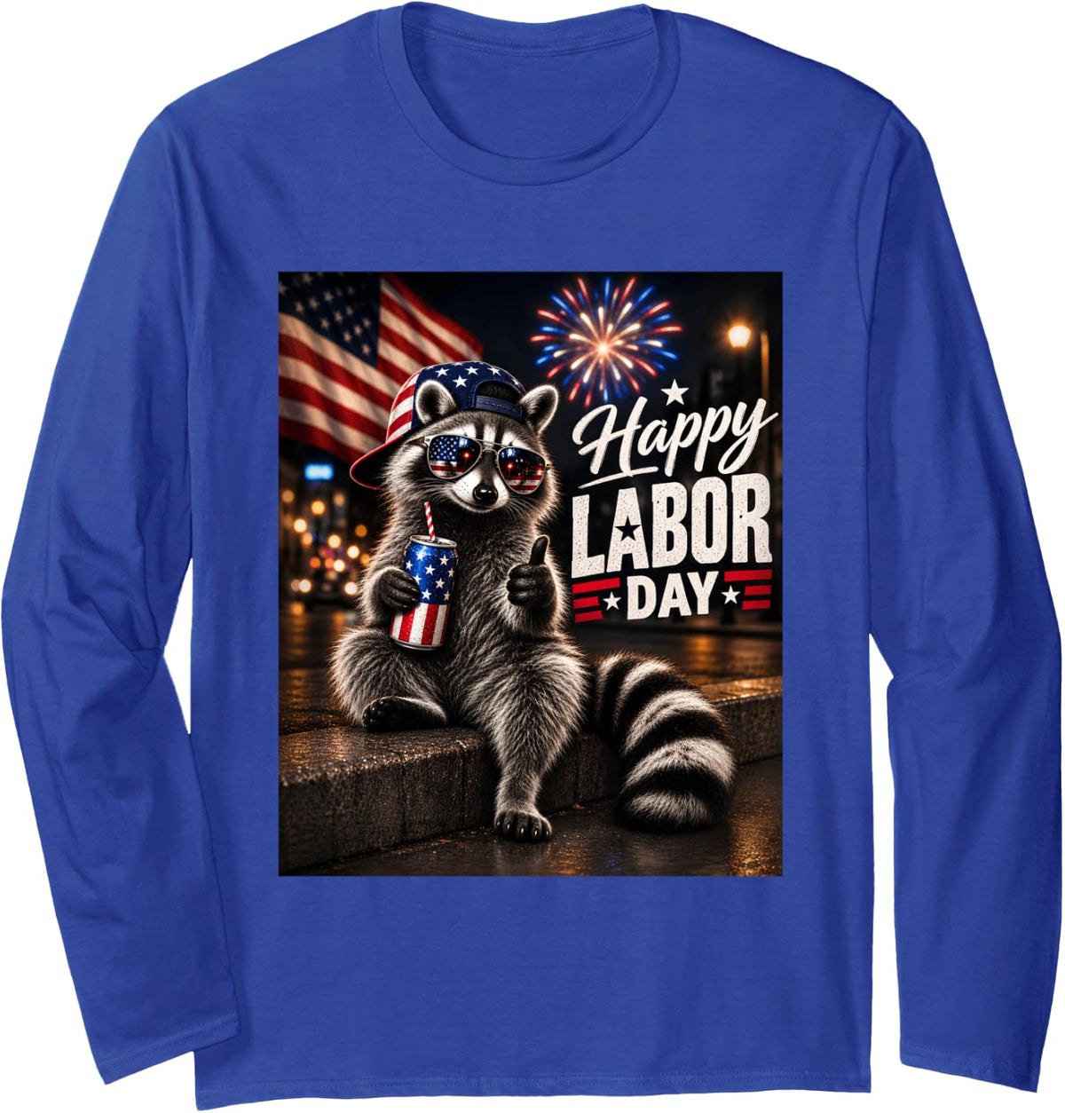 Funny Labor Day Raccoon Patriotic American Worker Holiday Long Sleeve T-Shirt - Adult Unisex Royal Blue