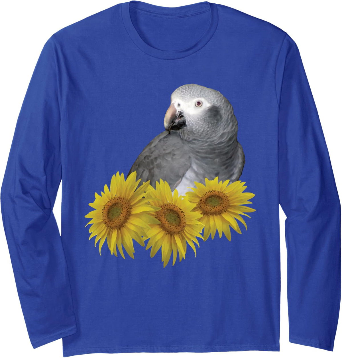 Timneh African Grey Sunflower Long Sleeve T-Shirt - Adult Unisex Royal Blue