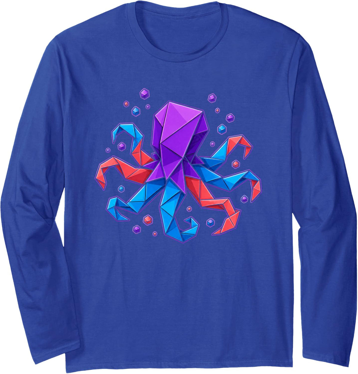 Origami Octopus Geometric Ocean Creature Long Sleeve T-Shirt - Adult Unisex Royal Blue