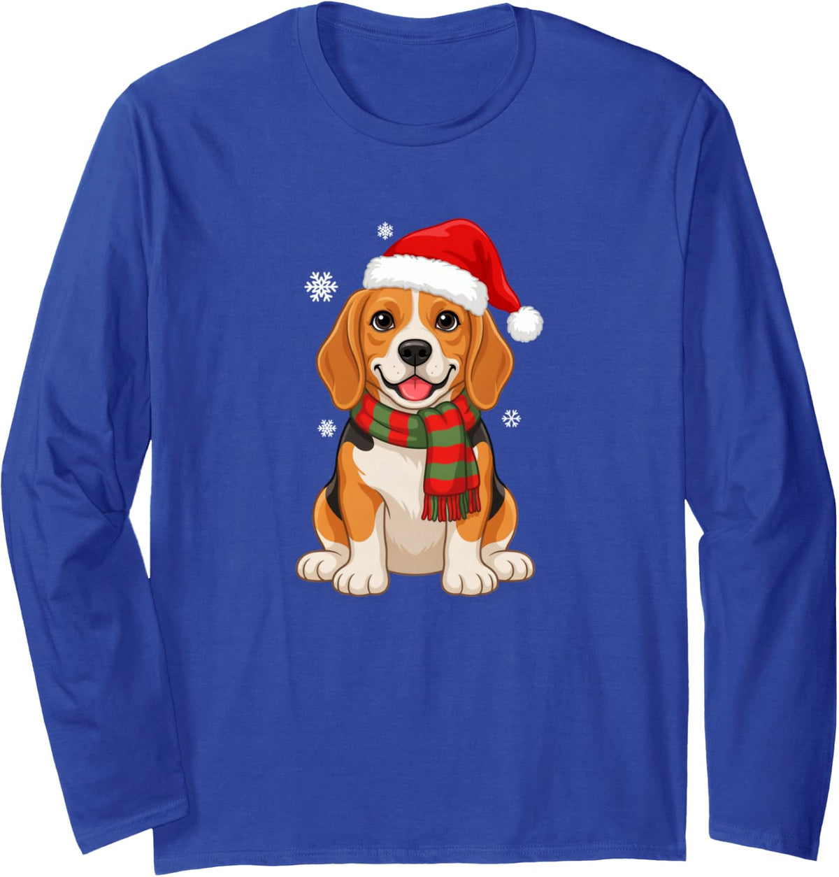Beagle Holiday Santa Hat Scarf Snowflake Cheer Long Sleeve T-Shirt - Adult Unisex Royal Blue