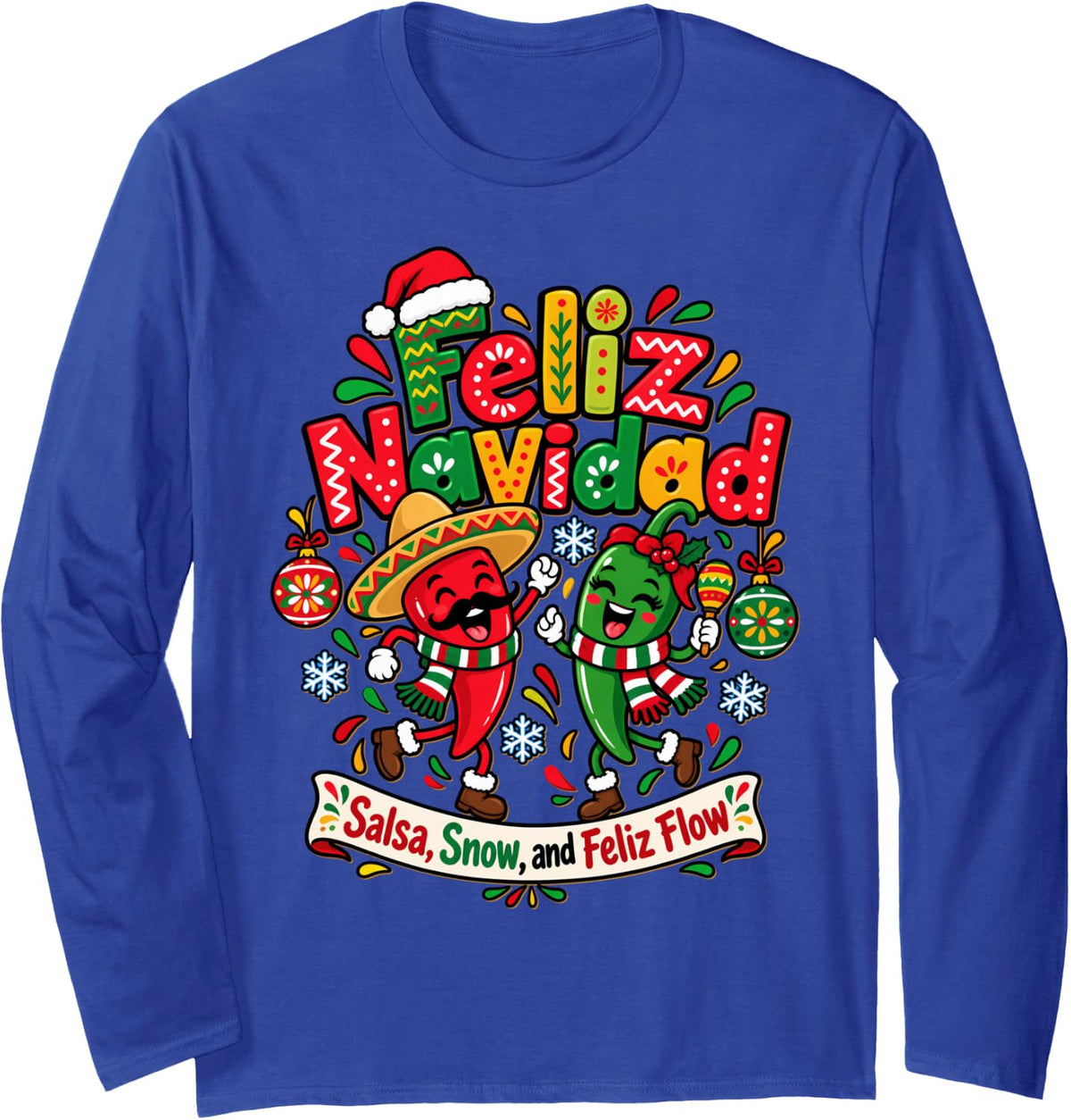 Feliz Navidad Spanish Christmas Mexican Food Funny Peppers Long Sleeve T-Shirt - Adult Unisex Royal Blue