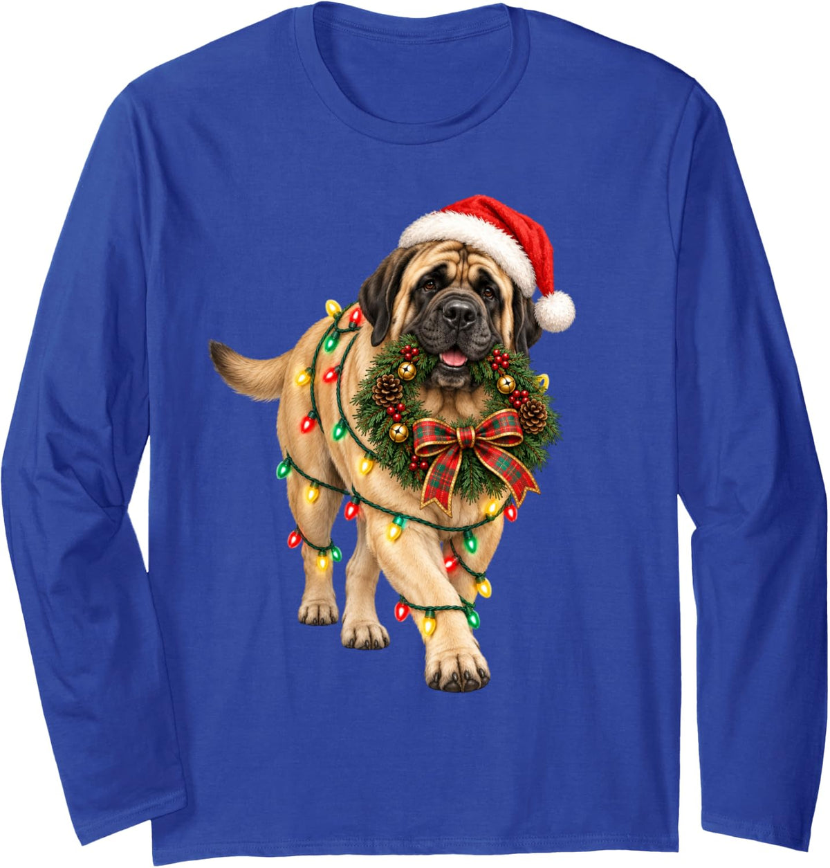 Mastiff Christmas Wreath Decoration Xmas Pajamas Long Sleeve T-Shirt - Adult Unisex Royal Blue