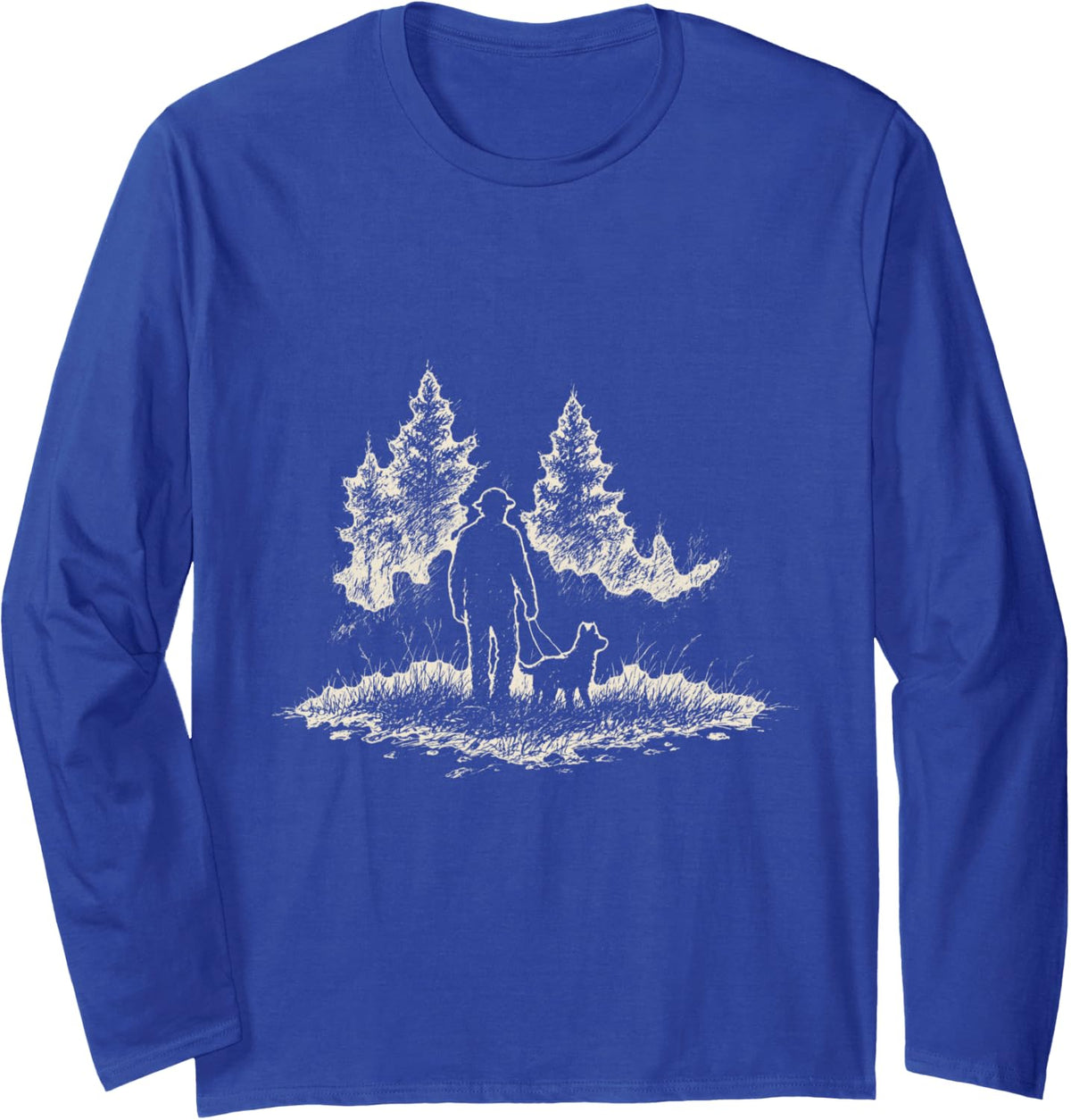 Hunter in Tree Stand Vintage Etching Bowhunting Woods Long Sleeve T-Shirt - Adult Unisex Royal Blue