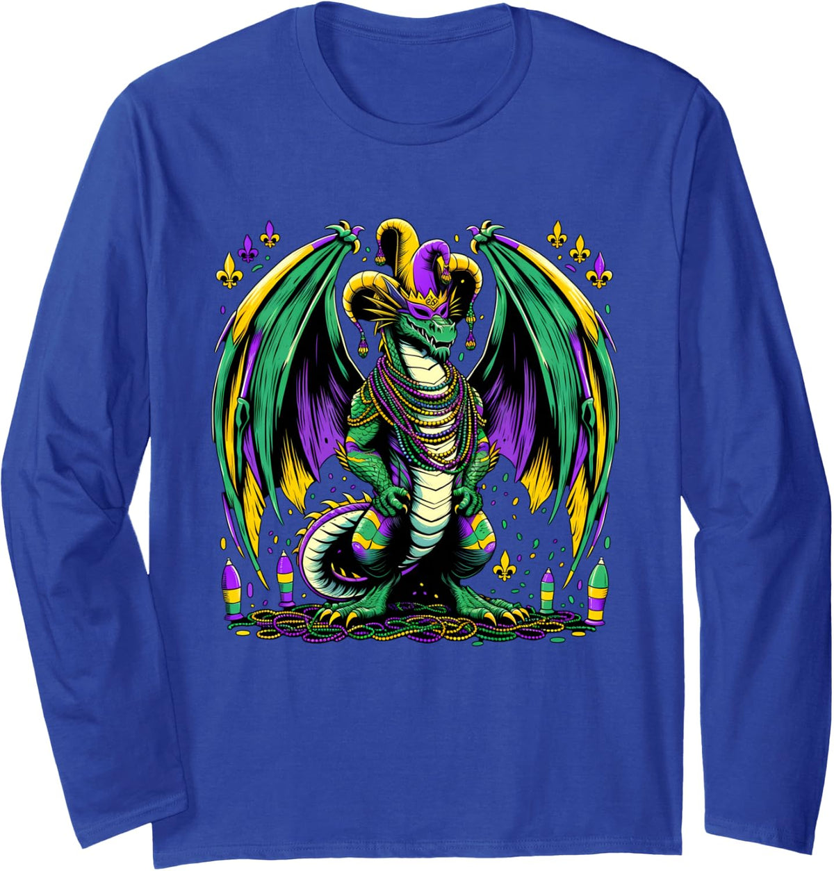 Mardi Gras Dragon Fools Long Sleeve T-Shirt - Adult Unisex Royal Blue