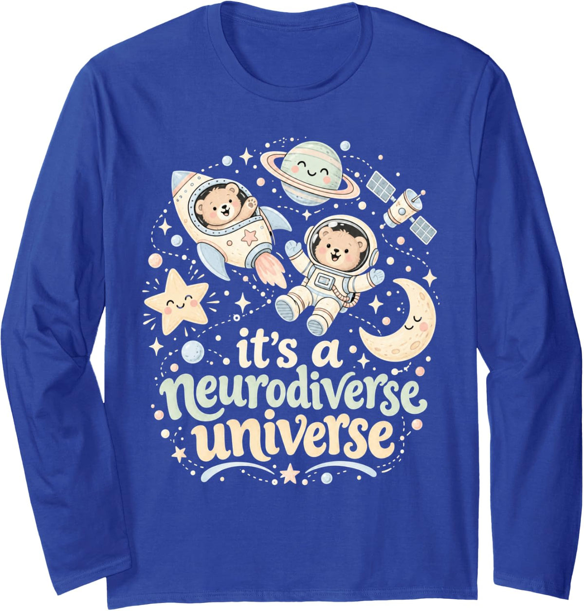 Neurodiversity Universe with Astronaut Bears and Moon Long Sleeve T-Shirt - Adult Unisex Royal Blue